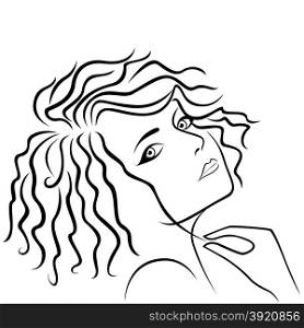 Abstract beautiful young girl half turn head and holding strand of hair in hand, hand drawing vector outline