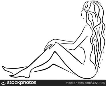 Abstract beautiful young girl with long hair dreamily sits with legs slightly bent, hand drawing vector outline