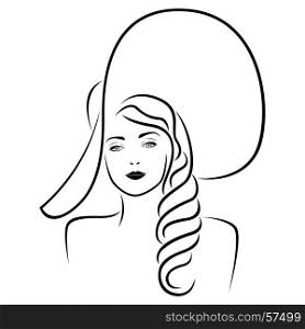 Abstract beautiful young lady with long locks and in big hat, vector black outline