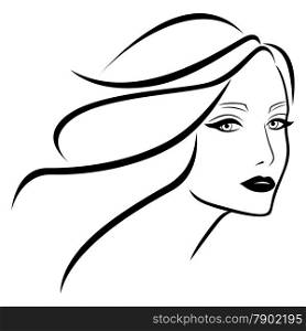 Abstract beautiful young lady with wavy hair, hand drawing vector outline