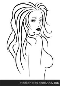 Abstract beautiful young woman with a naked breast, hand drawing vector outline