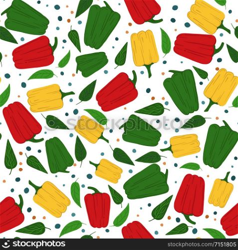 Abstract bell pepper seamless pattern on white background. Pepper hand drawn wallpaper. Design for fabric, textile print, wrapping paper, textile, restaurant menu. Vector illustration. Abstract bell pepper seamless pattern on white background.