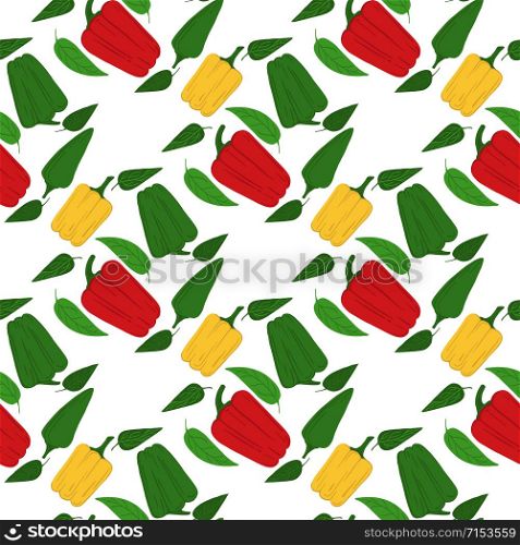 Abstract bell pepper seamless pattern. Red, yellow and green peppers hand drawn wallpaper. Design for fabric, textile print, wrapping paper, textile, restaurant menu. Vector illustration. Abstract bell pepper seamless pattern. Red, yellow and green peppers hand drawn wallpaper.