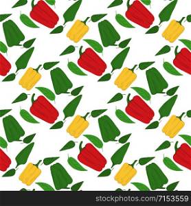 Abstract bell pepper seamless pattern. Red, yellow and green peppers hand drawn wallpaper. Design for fabric, textile print, wrapping paper, textile, restaurant menu. Vector illustration. Abstract bell pepper seamless pattern. Red, yellow and green peppers hand drawn wallpaper.
