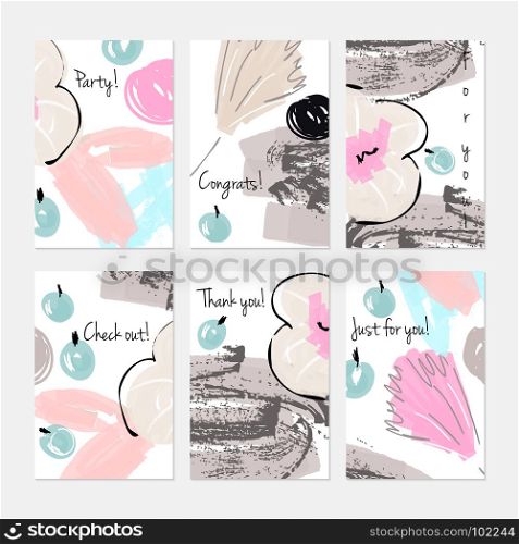 Abstract berries and big flower marker brush.Hand drawn creative invitation or greeting cards template. Anniversary, Birthday, wedding, party, social media banners set of 6. Isolated on layer.