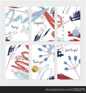 Abstract berries and crayon doodles.Hand drawn creative invitation or greeting cards template. Anniversary, Birthday, wedding, party, social media banners set of 6. Isolated on layer.
