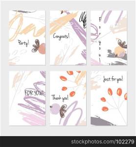 Abstract berries and crayon doodles.Hand drawn creative invitation or greeting cards template. Anniversary, Birthday, wedding, party, social media banners set of 6. Isolated on layer.
