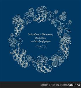 Abstract berry wreath sketch poster with bunches of grapes and inscription on blue background vector illustration. Abstract Berry Wreath Sketch Poster