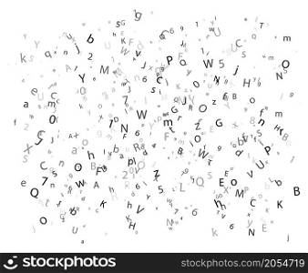 Abstract black alphabet ornament border isolated on white background. Vector illustration for education, writing, poetic design. Random letters fall from top. Alphabet book concept for grammar school.