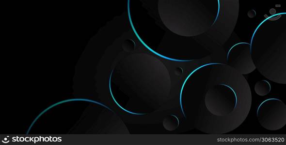 Abstract black and gray circles overlapping background blue neon border. Technology concept. Vector illustration