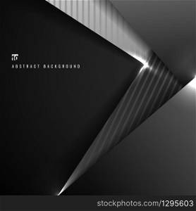 Abstract black and gray geometric triangle overlapping dimension layer 3D paper on dark background. Vector illustration