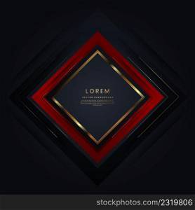 Abstract black and red geometric square background with lines golden glowing. Frame luxury style. Vector illustration