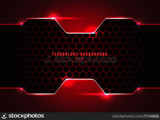 Abstract black and red metallic frame with lighting on hexagons texture pattern technology innovation concept background. Vector illustration