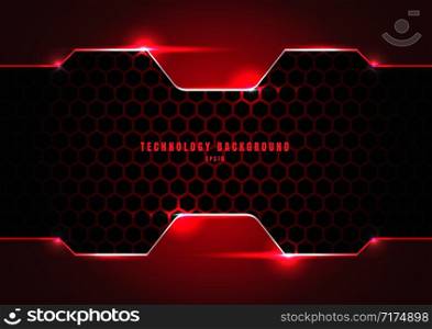 Abstract black and red metallic frame with lighting on hexagons texture pattern technology innovation concept background. Vector illustration