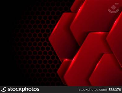 Abstract black and red metallic hexagon with lighting on hexagons texture pattern technology innovation concept background. Vector illustration