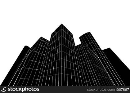 Abstract black and white city skyscrapers in perspective.