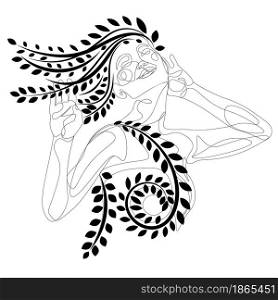 Abstract black and white line art portrait of a woman smiles with closed eyes and floral illustration.