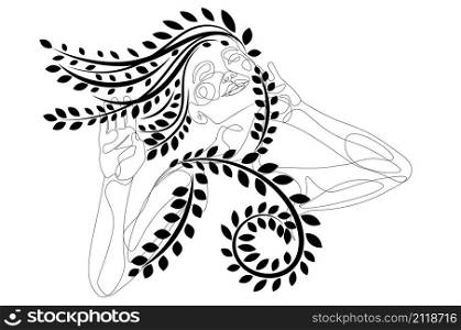 Abstract black and white line art portrait of a woman smiles with closed eyes and floral illustration.