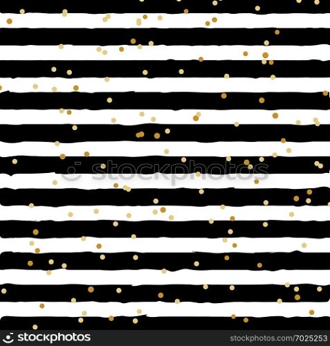 Abstract black and white striped on trendy background with random gold foil dots pattern. You can use for greeting card or wrapping paper, textile, packaging, etc. Vector illustration