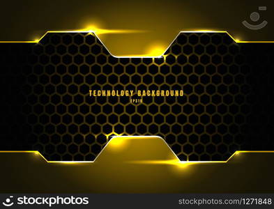 Abstract black and yellow metallic frame with lighting on hexagons texture pattern technology innovation concept background. Vector illustration