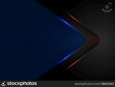 Abstract black arrow layer with blue and red light on blue background with haxagon pattern mesh texture technology concept. Vector illustration