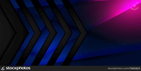Abstract black arrow tech banner design with blue, pink glowing light. Technology concept. Vector illustration
