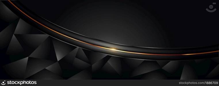 Abstract Black Background Combined with 3d Polygonal Shape and Golden Glitter Lines. Luxury Elegant Style Concept. Usable for Background, Wallpaper, Banner, Poster, Brochure, Card, Web, Presentation. Graphic Design Element.
