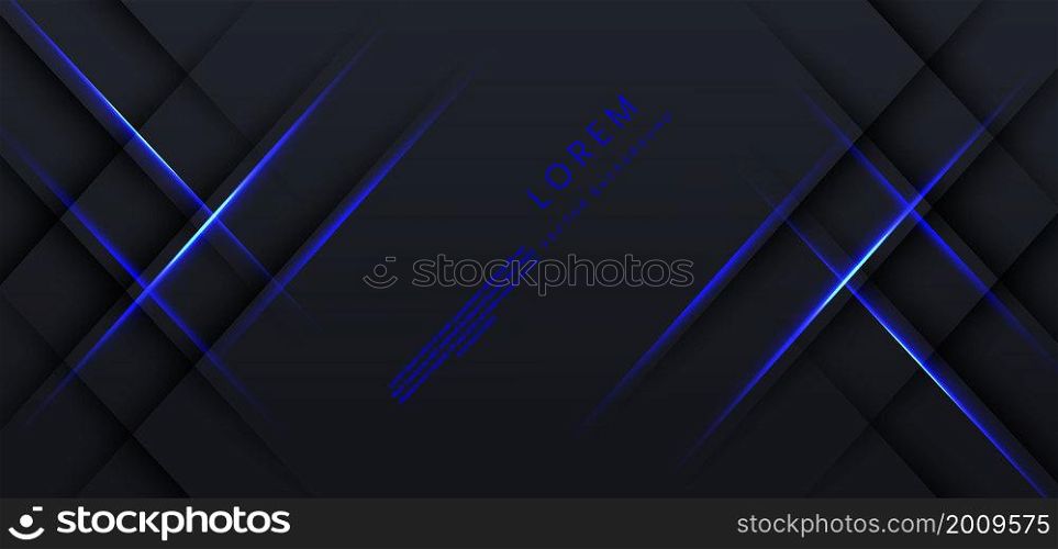 Abstract black background with diagonal geometric glowing blue effect lines. Futuristic technology template, backdrop, banner. Vector illustration