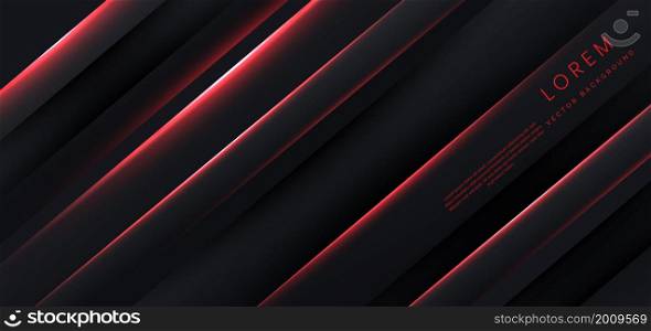 Abstract black background with diagonal geometric glowing red effect lines. Futuristic technology template, backdrop, banner. Vector illustration