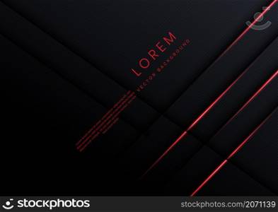 Abstract black background with diagonal geometric glowing red effect lines. Futuristic technology template, backdrop, banner. Vector illustration