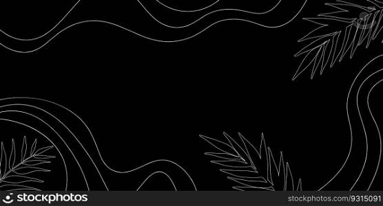 Abstract black background with lines and palm leaves. Botanical line art wallpaper.. Abstract black background with lines and palm leaves.