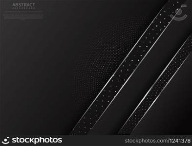 Abstract black background with overlap layers and diagonal line silver color dot silver. Modern style. Vector illustration