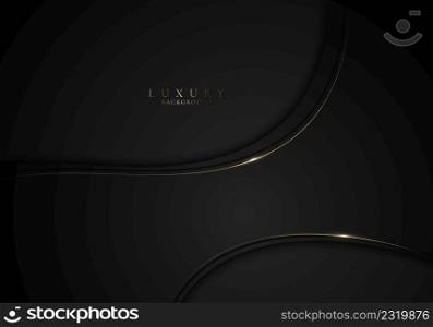 Abstract black curve shape with golden bent lines on dark background luxury style. Vector illustration