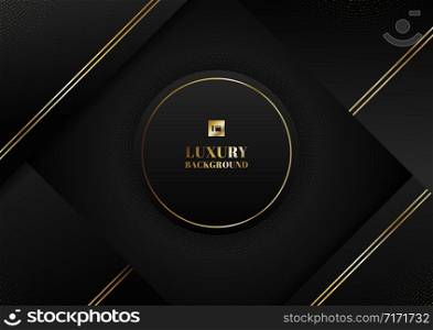 Abstract black geometric circle with gold stripes line and golden glitter on dark background and texture. Luxury style. Vector illustration