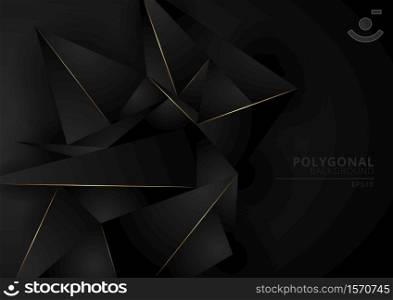 Abstract black geometric polygonal form background with golden line. Luxury style. Low poly triangles pattern and gold stripes. Vector illustration