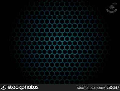 Abstract black hexagon mesh pattern on blue glowing background and texture. Technology concept. Vector illustration