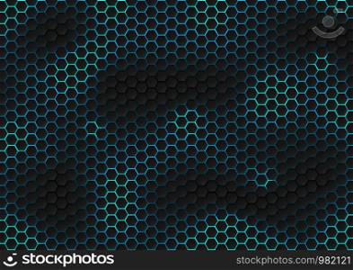 Abstract black hexagon pattern of futuristic texture with blue light rays technology concept. 3D Rendering structure of hexagons carbon fiber with bright energy light breaking through cracks. Vector illustration