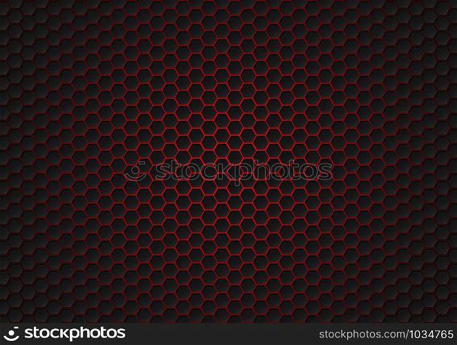 Abstract black hexagon pattern of futuristic texture with red light rays technology concept. 3D Rendering structure of hexagons carbon fiber with bright energy light breaking through cracks. Vector illustration