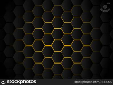 Abstract black hexagon pattern on yellow neon background technology style. Honeycomb. Vector illustration