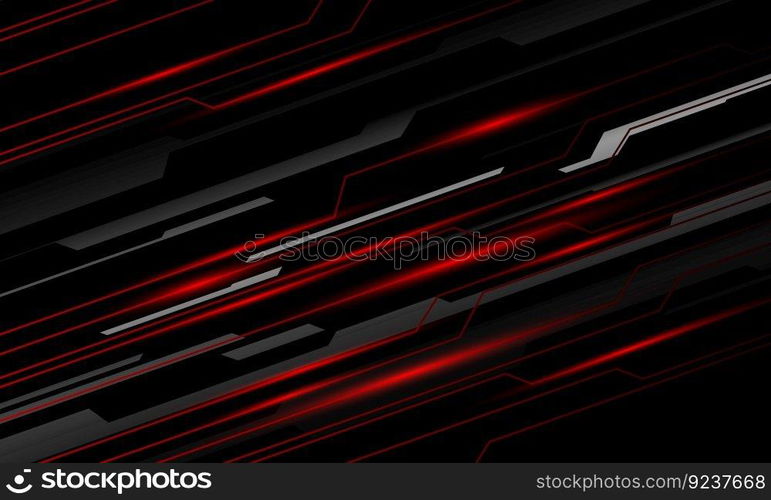 Abstract black line cyber circuit dynamic slash red light power on silver design ultramodern futuristic technology background vector illustration.