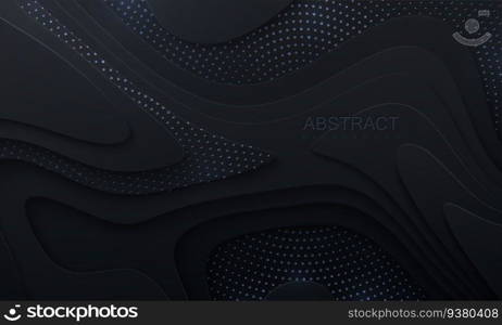 Abstract black papercut background with wavy layers and silver glitters