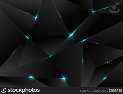 Abstract black polygon pattern with blue laser light lines on dark background technology style. Geometric low polygon gradient shapes. Vector illustration