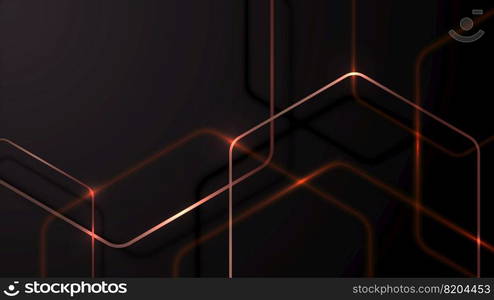 Abstract black premium background with red and golden metallic geometric hexagons elements and lighting effect technology style. Vector illustration