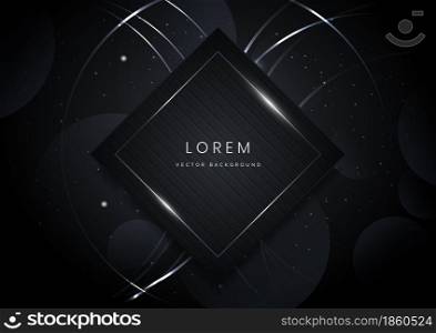 Abstract black square shape with silver glowing frame on black background. You can use for ad, poster, template, business presentation. Vector illustration