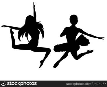 Abstract black stencil silhouettes of attractive slender ladies dancer in jump, hand drawing vector illustration