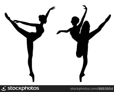 Abstract black stencil silhouettes of slender attractive ballerinas in move, hand drawing vector illustration