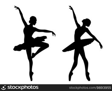 Abstract black stencil silhouettes of slender charming ballerinas in move, hand drawing vector illustration