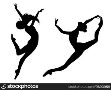 Abstract black stencil silhouettes of slender charming women dancer in move, hand drawing vector illustration