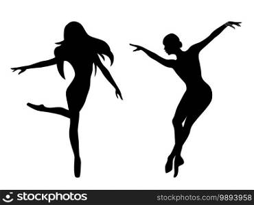 Abstract black stencil silhouettes of slender dancer in move, hand drawing vector illustration