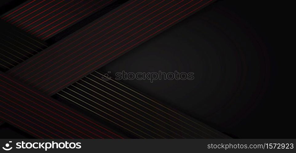 Abstract black triangle background with striped lines red, golden. Luxury style. You can use for ad, poster, template, business presentation. Vector illustration